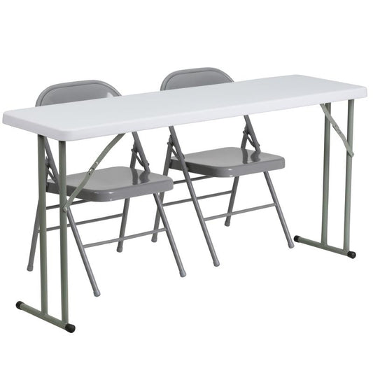 RB-1860-1 Flash Furniture 5-Foot Plastic Folding Training Table Set With 2 Gray Metal Folding Chairs Designed For Commercial Use Features 1.75" Thick Granite White Waterproof Top 330 Lb. Static Load Capacity / 18"W x 60"L x 29"H