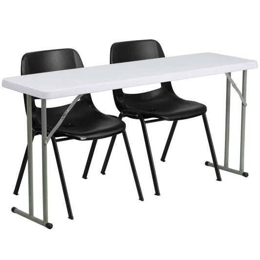 RB-1860-2 Flash Furniture 5-Foot Plastic Folding Training Table Set With 2 Black Plastic Stack Chairs Designed For Commercial Use Features 1.75" Thick Granite White Waterproof Top 330 Lb. Static Load Capacity / 18"W x 60"L x 29"H