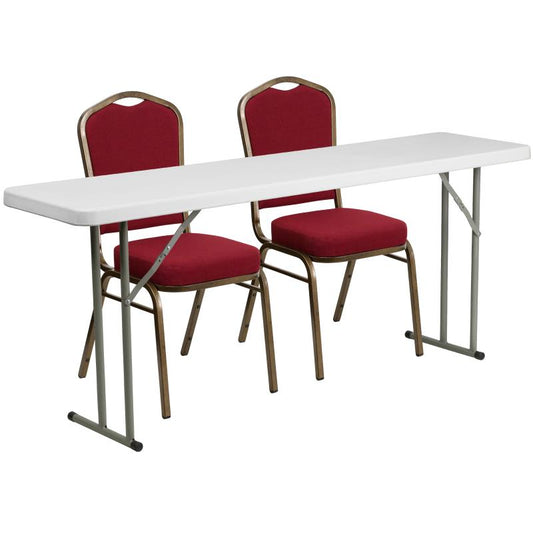 RB-1872-1 Flash Furniture 6-Foot Plastic Folding Training Table Set With 2 Crown Back Stack Chairs Designed For Commercial Use With 1.75" Thick Granite White Waterproof Top 220 Lb. Static Load Capacity / 18"W x 70.8"L x 29"H