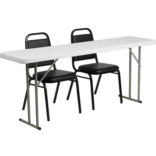 RB-1872-2 Flash Furniture 6-Foot Plastic Folding Training Table Set With 2 Trapezoidal Back Stack Chairs Designed For Commercial Use With 1.75" Thick Granite White Waterproof Top, 220 Lb. Static Load Capacity / 2 Seating