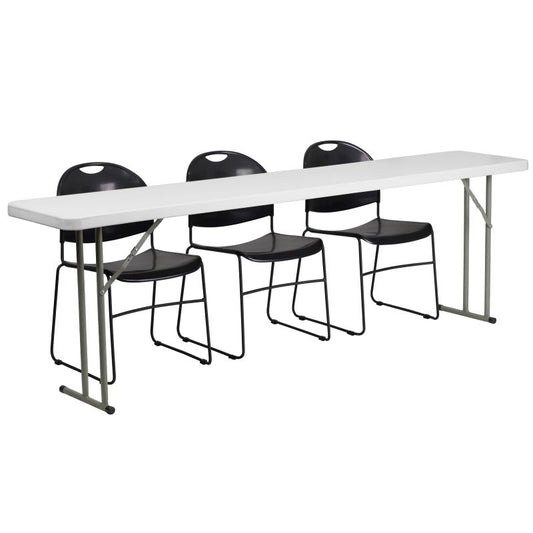 RB-1896 Flash Furniture 8-Foot Plastic Folding Training Table Set With 3 Black Plastic Stack Chairs Designed For Commercial Use With 1.75" Thick Granite White Waterproof Top, 880 Lb. Weight Capacity/ 3 Seating