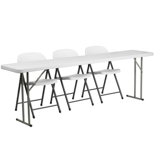 RB-1896 Flash Furniture 8-Foot Plastic Folding Training Table Set With 3 White Plastic Folding Chairs Designed For Commercial Use With 1.75" Thick Granite White Waterproof Top, 330 Lb. Weight Capacity / 3 Seating