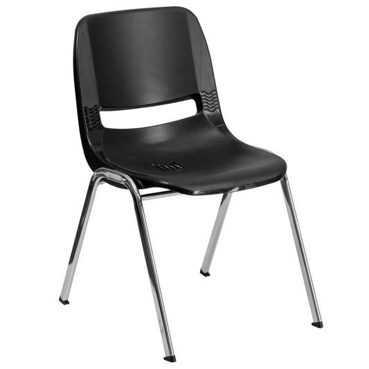 RUT-14 Flash Furniture Hercules Series Kid's Black Ergonomic Shell Stack Chair (Chrome Frame) And 14" Seat Height Recommended For Grades K - 2 With Vented Back Allows Air Circulation And Dry Assisting Drain Holes / 440 Lb. Weight Capacity