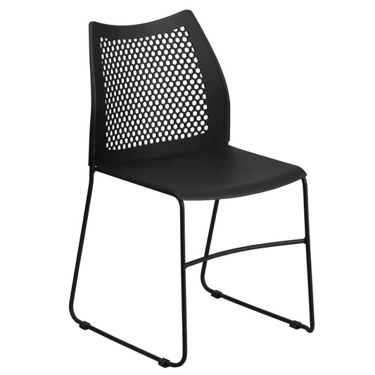 RUT-498A Flash Furniture Hercules Series, Black Stack Chair With Air-vent Back And Black Powder Coated Sled Base Designed For Commercial Use Features Supportive Front Cross Brace / 661 Lb. Weight Capacity
