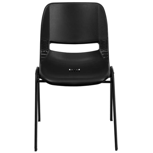 RUT-EO1 Flash Furniture Hercules Series Black Ergonomic Shell Stack Chair With Black Frame Designed For Commercial Use Made Of Vented Back And Seat Drain Holes Assist In Drying  With 880 Lb. Weight Capacity /17.75W x 15.5D x 17.75H