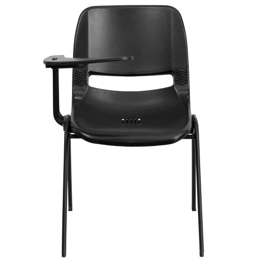 RUT-EO1 Flash Furniture Black Ergonomic Shell Chair With Right Handed Flip-up Tablet Arm Designed For Commercial Use Made Of Gray Powder Coated Frame Finish With Plastic Floor Glides / 880 lb. Weight Capacity