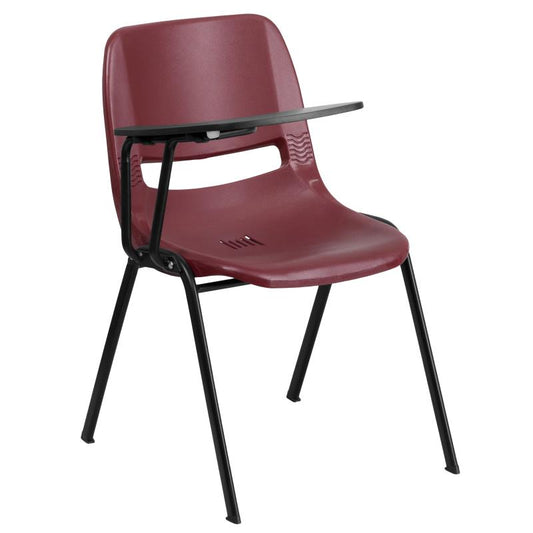 RUT-EO1 Flash Furniture Burgundy Ergonomic Shell Chair With Right Handed Flip-up Tablet Arm Designed For Commercial Use Made Of Gray Powder Coated Frame Finish With Plastic Floor Glides / 880 lb. Weight Capacity