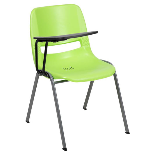RUT-EO1 Flash Furniture Green Ergonomic Shell Chair With Right Handed Flip-up Tablet Arm Designed For Commercial Use Made Of Gray Powder Coated Frame Finish With Plastic Floor Glides / 880 lb. Weight Capacity