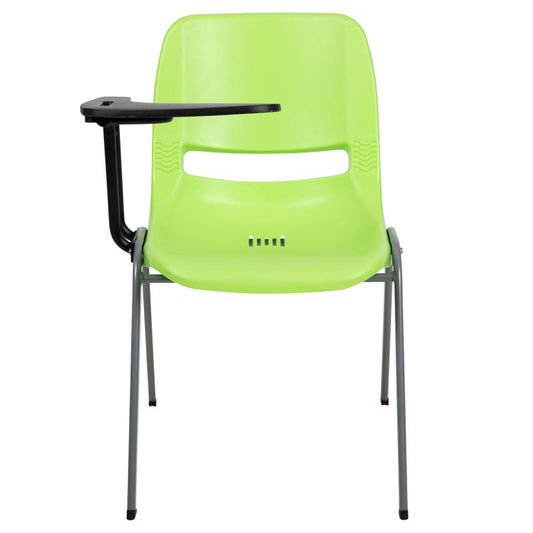 RUT-EO1 Flash Furniture Green Ergonomic Shell Chair With Right Handed Flip-up Tablet Arm Designed For Commercial Use Made Of Gray Powder Coated Frame Finish With Plastic Floor Glides / 880 lb. Weight Capacity
