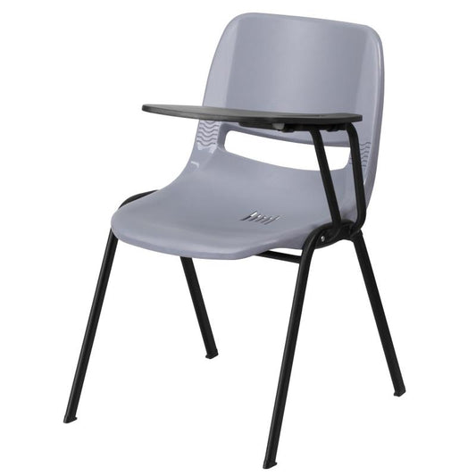 RUT-EO1 Flash Furniture Gray Ergonomic Shell Chair With Left Handed Flip-up Tablet Arm Designed For Commercial Use Made Of Gray Powder Coated Frame Finish With Plastic Floor Glides / 880 lb. Weight Capacity
