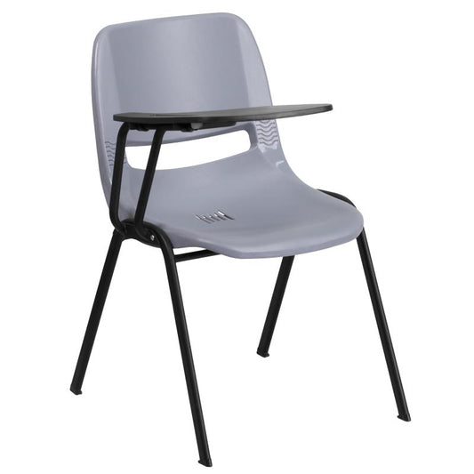 RUT-EO1 Flash Furniture Gray Ergonomic Shell Chair With Right Handed Flip-up Tablet Arm Designed For Commercial Use Made Of Gray Powder Coated Frame Finish With Plastic Floor Glides / 880 lb. Weight Capacity