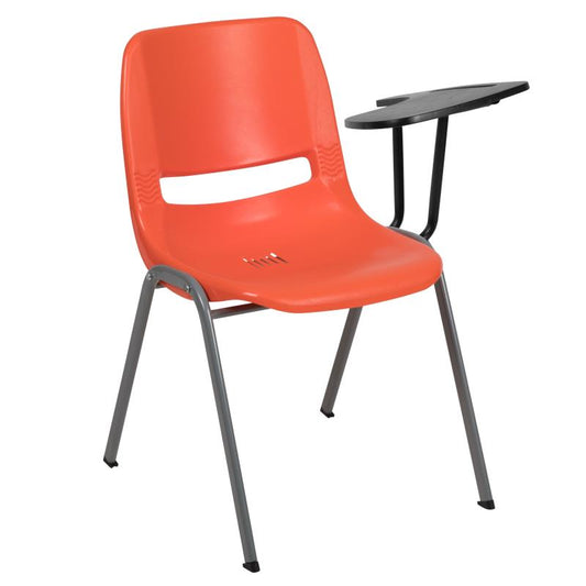 RUT-EO1 Flash Furniture Orange Ergonomic Shell Chair With Left Handed Flip-up Tablet Arm Designed For Commercial Use Made Of Gray Powder Coated Frame Finish With Plastic Floor Glides / 880 lb. Weight Capacity