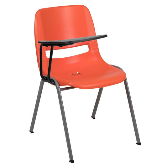 RUT-EO1 Flash Furniture Orange Ergonomic Shell Chair With Right Handed Flip-up Tablet Arm Designed For Commercial Use With Gray Powder Coated Frame Finish With Plastic Floor Glides / 880 lb. Weight Capacity