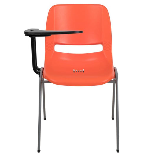 RUT-EO1 Flash Furniture Orange Ergonomic Shell Chair With Right Handed Flip-up Tablet Arm Designed For Commercial Use With Gray Powder Coated Frame Finish With Plastic Floor Glides / 880 lb. Weight Capacity