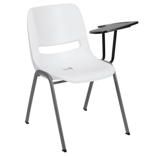 RUT-EO1 Flash Furniture White Ergonomic Shell Chair With Left Handed Flip-up Tablet Arm Designed For Commercial Use Made Of Gray Powder Coated Frame Finish With Plastic Floor Glides / 880 lb. Weight Capacity