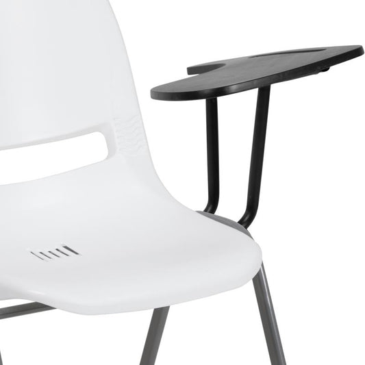 RUT-EO1 Flash Furniture White Ergonomic Shell Chair With Left Handed Flip-up Tablet Arm Designed For Commercial Use Made Of Gray Powder Coated Frame Finish With Plastic Floor Glides / 880 lb. Weight Capacity