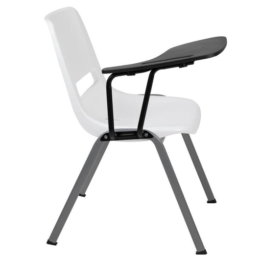 RUT-EO1  Flash Furniture White Ergonomic Shell Chair With Right Handed Flip-up Tablet Arm Designed For Commercial Use With Gray Powder Coated Frame Finish With Plastic Floor Glides / 880 lb. Weight Capacity