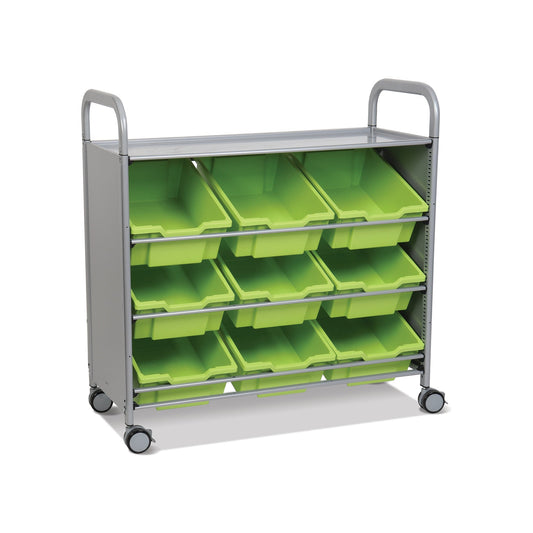 SSET0144 Gratnells Callero Plus Tilted Tray Cart in Silver With Feet and Castors Brakes, Nine Deep Trays Crossbars and Silver Metal Trim