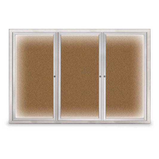 UV319IRCD Uvp Inc. Enclosed Bulletin Board Recess Mounted, Mitered Satin Aluminum Frame, Triple Door, Illuminated