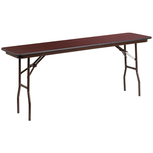 YT-1872-HIGH-WAL Flash Furniture 6-Foot High Pressure Mahogany Laminate Folding Training Table Designed For Commercial Use With .875" Thick High Pressure Laminate Mahogany Top , 308 Lbs Weight Capacity/ 3 Seating
