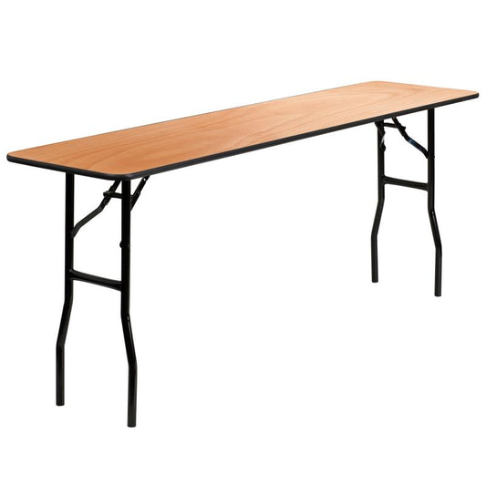 YT-WTFT18X72 Flash Furniture 6-Foot Rectangular Wood Folding Training / Seminar Table With Smooth Clear Coated Finished Top Designed For Commercial Use Features Black T-mold Edge Band And Black Powder Coated Wishbone Legs/ 265 Lb. Load Capacity