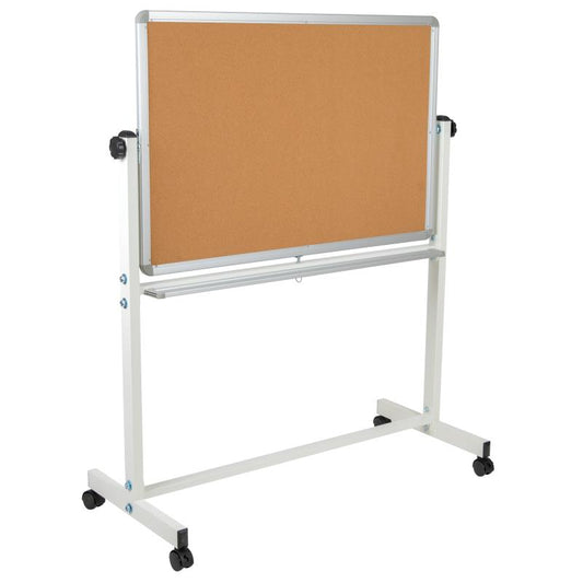 YU-YCI-001 Flash Furniture Hercules Series Reversible Mobile Cork Bulletin Board And White Board With Pen Tray For Commercial Use Made Of Lacquer Painted Magnetic Surface With 6 Magnets / 45.25W x 20D x 54.75H