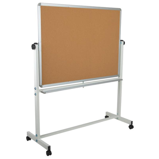 YU-YCI-003 Flash Furniture Hercules Series Reversible Mobile Cork Bulletin Board And White Board With Pen Tray For Commercial Use Made Of Lacquer Painted Magnetic Surface With 6 Magnets / 53W x 20D x 62.5H