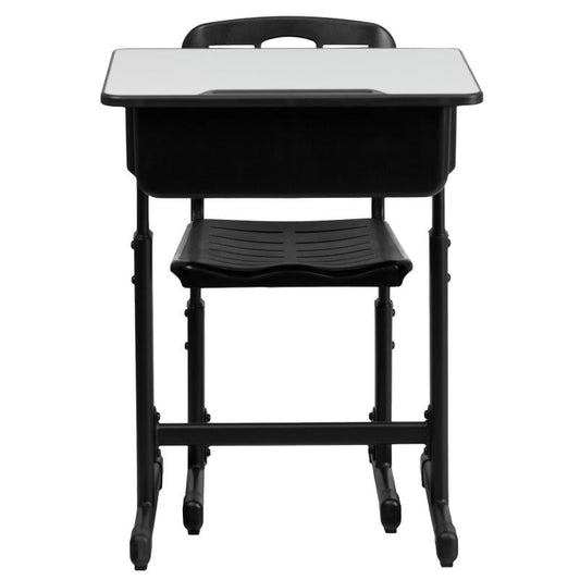 YU-YCX-046 Flash Furniture Adjustable Height Student Desk And Chair With Black Pedestal Frame Recommended For Elementary - High School  With Anti-slip Floor Caps Prevent Desk And Chair From Tipping And Noise Reduction / 23.625W x 17.75D x 31.500H