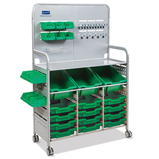 Mst0144 Gratnells Makerspace Cart With 3 Deep And 12 Shallow Trays For Educational Storage Use Designed With Additional Storage Of 12 Green Mini Bins, Roll Holder, 5 Single Hooks, And 5 Double Hooks