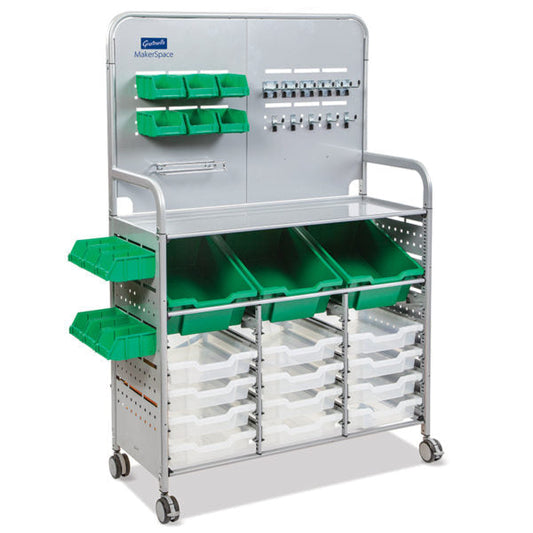 Mst0144 Gratnells Makerspace Cart With 3 Deep Grass Green And 12 Shallow Translucent Trays For Educational Storage Use Designed With Additional Storage Of 12 Green Mini Bins, Roll Holder, 5 Single Hooks, And 5 Double Hooks