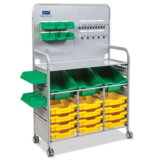 Mst0144 Gratnells Makerspace Cart With 3 Deep Grass Green And 12 Shallow Sunshine Yellow Trays For Educational Storage Use Designed With Additional Storage Of 12 Green Mini Bins, Roll Holder, 5 Single Hooks, And 5 Double Hooks