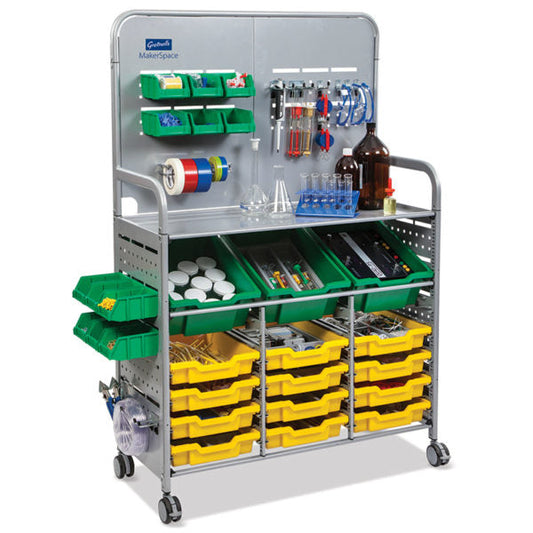 Mst0144 Gratnells Makerspace Cart With 3 Deep And 12 Shallow Trays For Educational Storage Use Designed With Additional Storage Of 12 Green Mini Bins, Roll Holder, 5 Single Hooks, And 5 Double Hooks