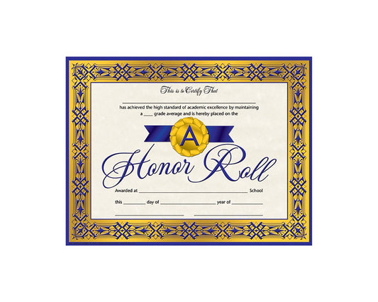 VA918 Flip Side Products A Honor Roll Certificate, Blue Ribbon, Compatible With Most Laser and Inkjet Printers, 8.5” X 11”, 30 Matte Certificates/Pack, 50 Packs/Carton